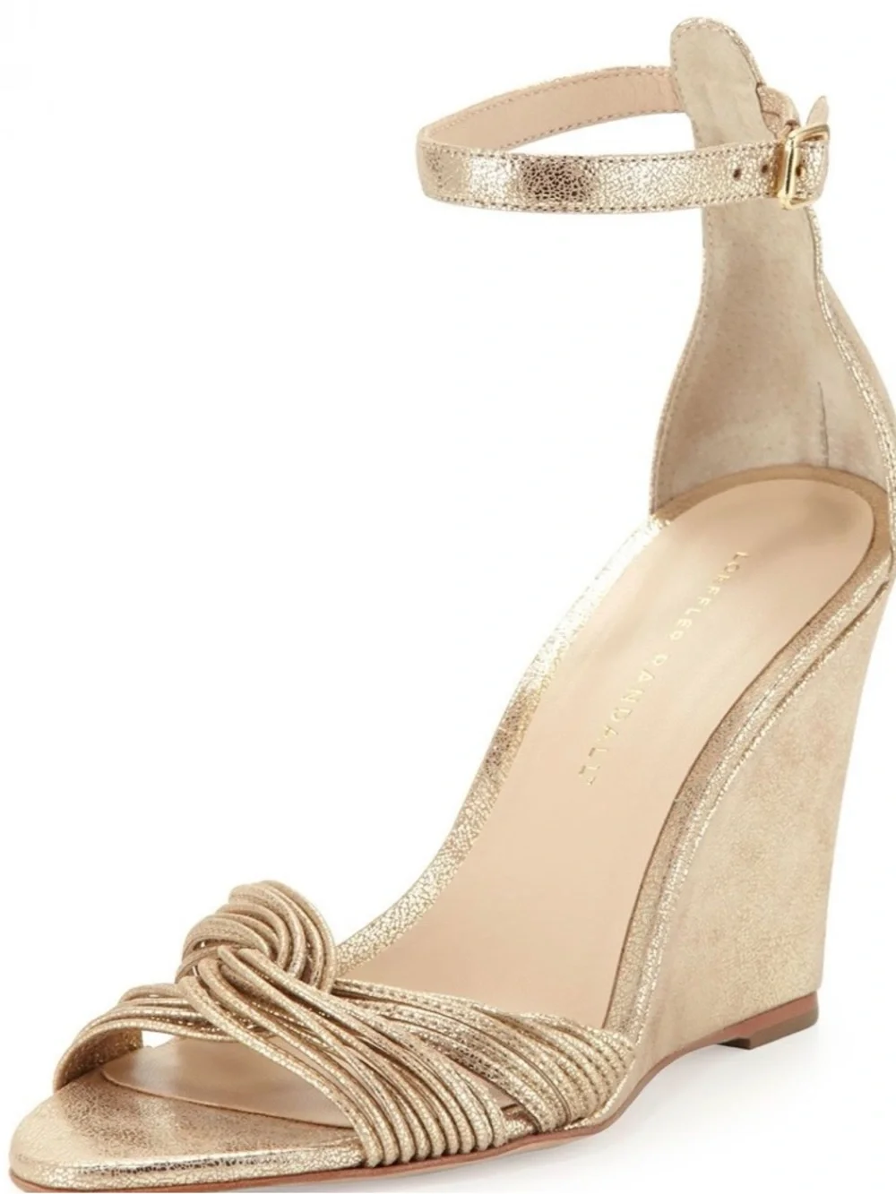 Loeffler Randall Allegra Gold Metallic Leather Wedge Sandals Sz 7.5 Sz 7 1/2